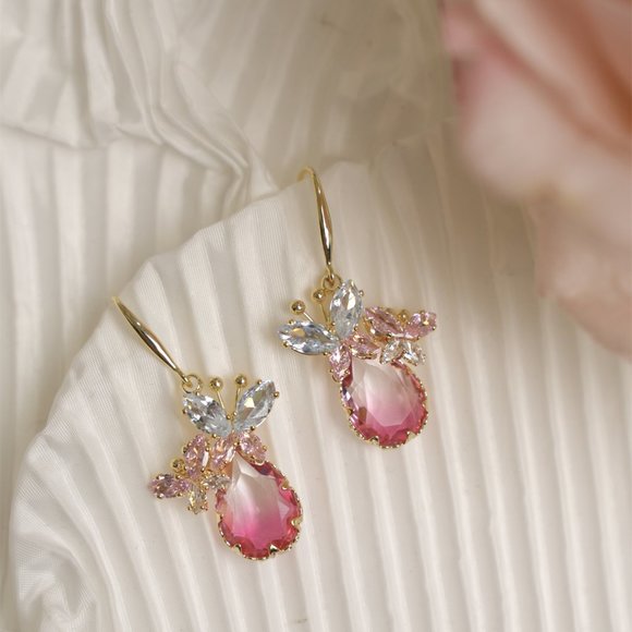 Zircon Rose Quartz Butterfly Drop Earrings - Picture 5 of 11